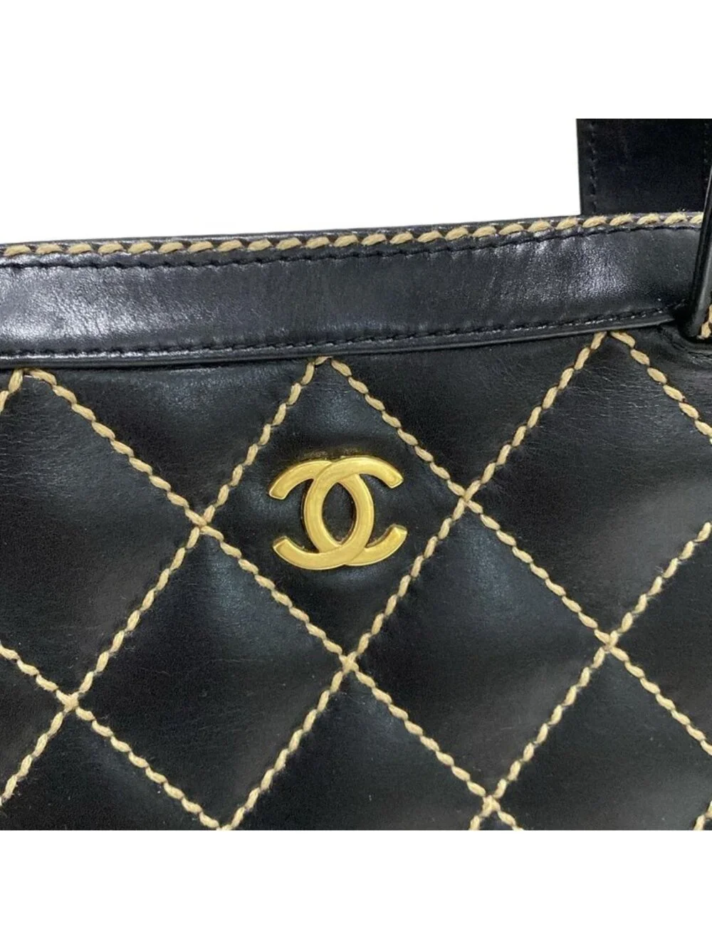 Chanel Handbag Wild Stitch Black Matte Gold Leather